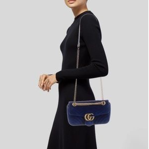 GUCCI-Velvet Matelasse Small GG Marmont Shoulder Bag  Blue suede  NWT-